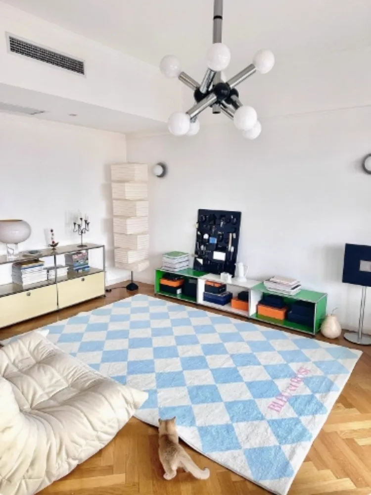 

VIKAMA Blue Checkered Carpet, Living Room, Light Luxury French Bedroom, Sofa, Floor Mat, Furniture Decoration