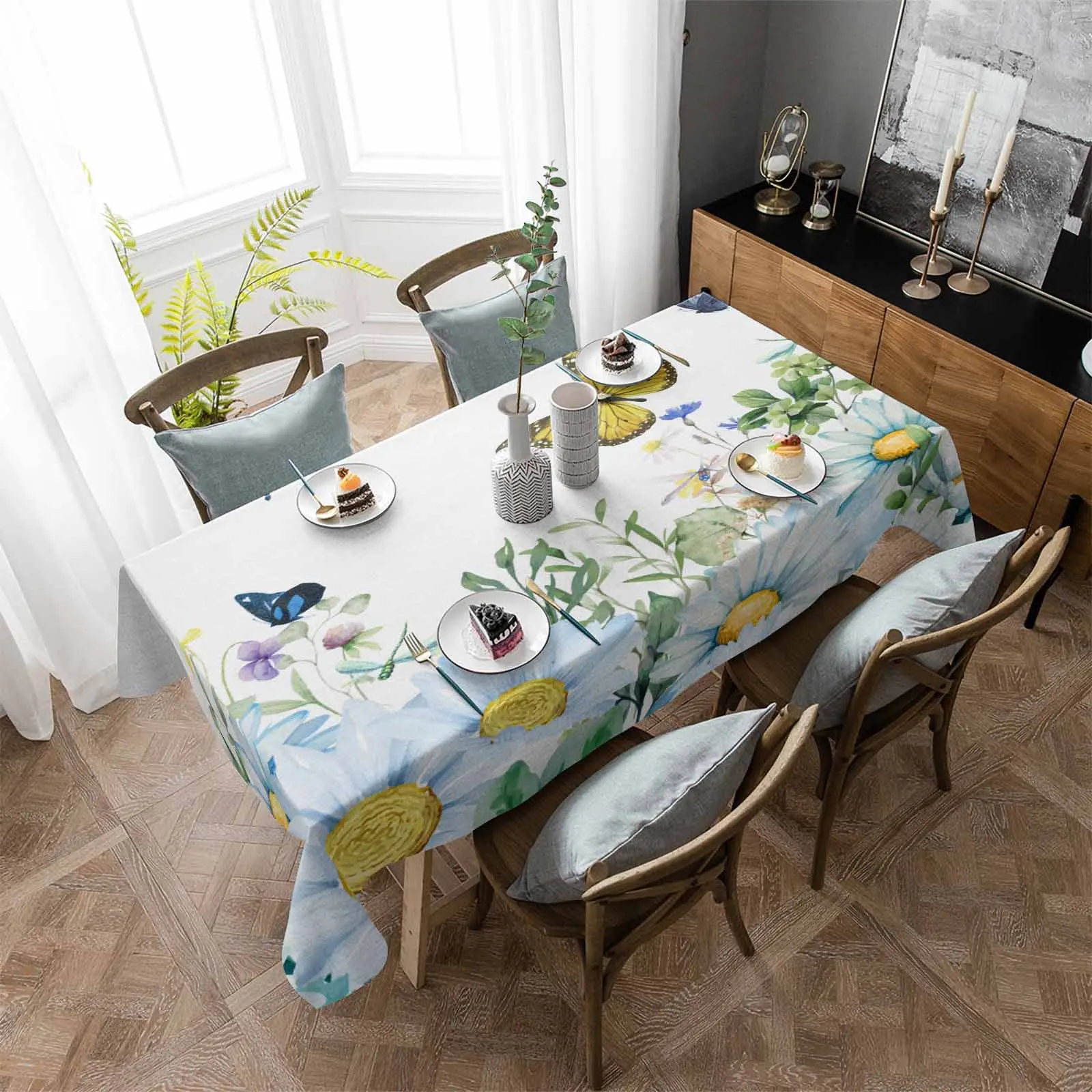 

Watercolor Flower Plant Butterfly Waterproof Tablecloth Party Decorations Supplies Rectangle Table Cloth for Kitchen Table Decor