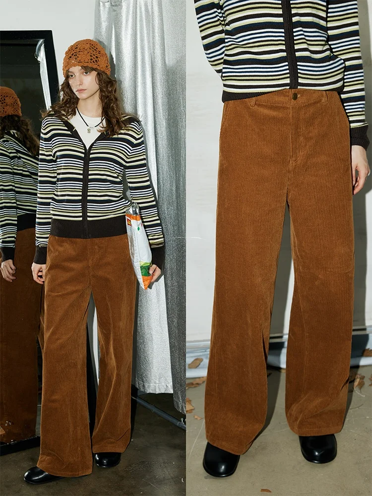 

Slimming Effect Corduroy Straight Leg Casual Pants for Women High Waist Zipper Closure Korean Sle Color BMLT