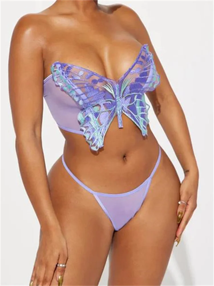 

CHRONSTYLE Women Lingerie Exotic Sets Outfits Butterfly Embroidery Strapless Bra Low Waist Thong See-Through Babydoll Sleepwear