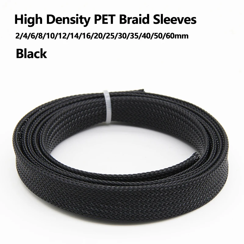 

1~50m Black PET Braid Sleeves 2/4/6/8/10/12/14/16/20/25/30/35/40/50/60mm High Density Insulated Snake Skin Cable Wrap Sheath