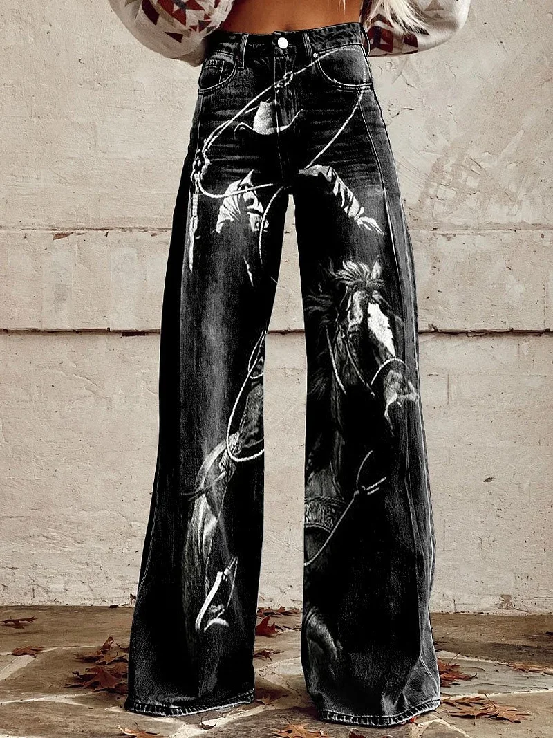 Vintage Farbverlauf Faux Denim Hosen Frauen Breites Bein Neue Mode Hohe Taille Casual Retro Punk Frauen Faux Denim Hosen Jeans