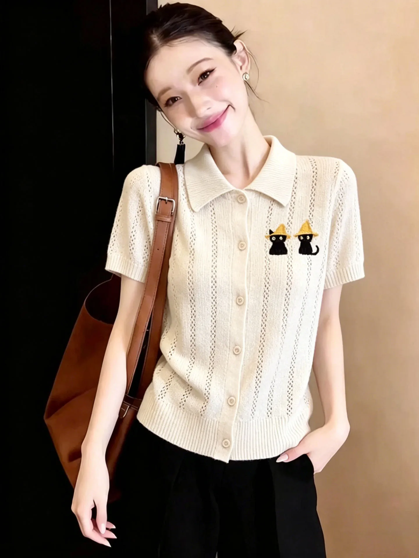 

Женская летняя тонкая вязаная рубашка Slim Fit с вырезами, коротким рукавом, отложным воротником, открытый кардиган, повседневный топ для носки отдельно