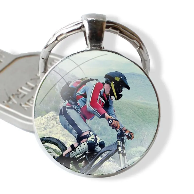 Cycling Bicycles Cross Country Bikes 25mm Glass Cabohcon Keychain Key Rings for Women Men Jewelry Gift