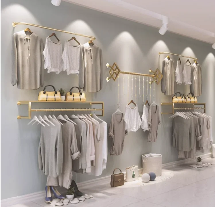 Wall mounted display racks for men and women's clothing in clothing stores, wall mounted shelves, combined hanging racks