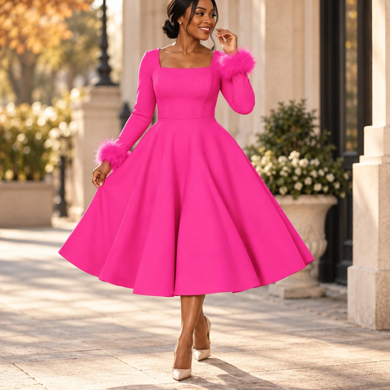Single Patchwork Gown High Waist Elegant with Square Neck Midi Length Full Skirt Pull on Style Mid Length Winter Dress for Women