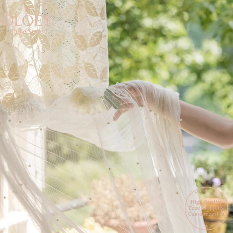 Lightweight Soft Apricot White Vintage Luxury Drapes Curtains for Bedroom Living Room Romantic French Lace Patchwork Sheer Gauze