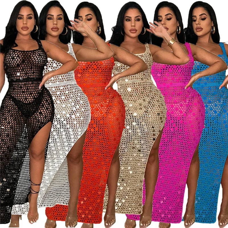 

Sexy See Through Crochet Knitted Maxi Cover Ups Dress Sequins Hollow Out Split Vestidos Summer Holiday Beachwear Outfits