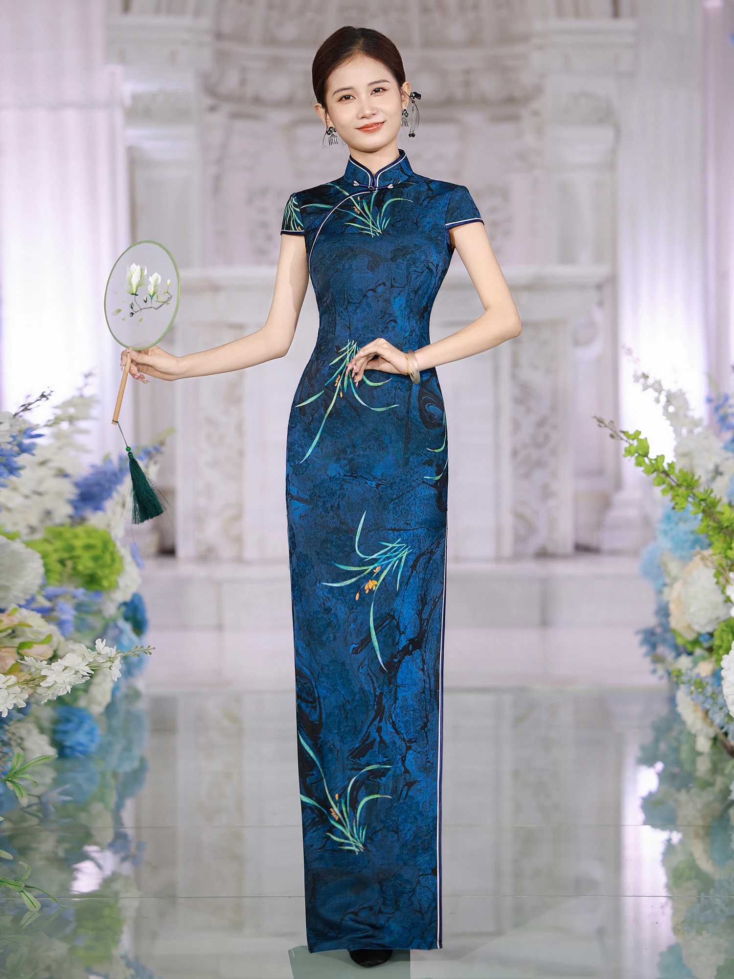 

Deep Blue Elastic Long Gown for Women Vintage Sle Performance Suit High Slit ort Sve Floral Print Breathable