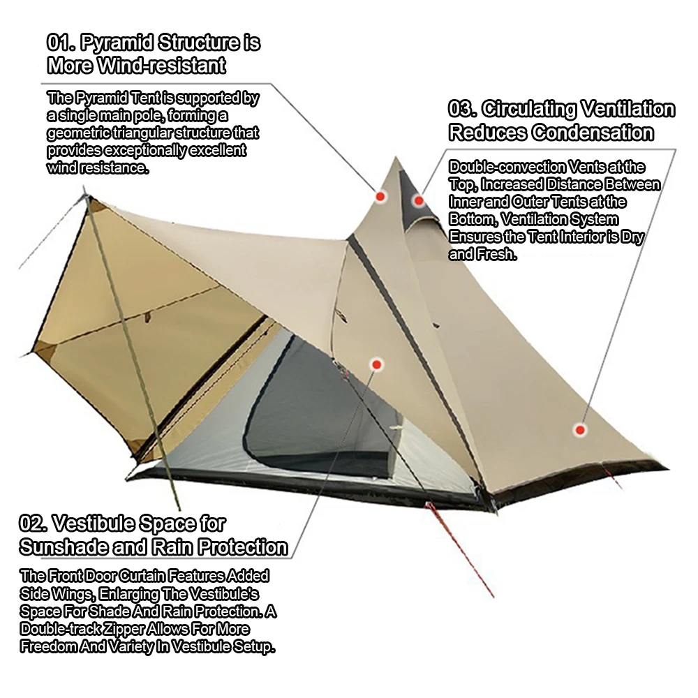 EMER Pyramid Tent Expanded Teepee Tipi Octagonal Tent for 3-4 People Family Camping Outdoor Waterproof Tent With Snow Skirt