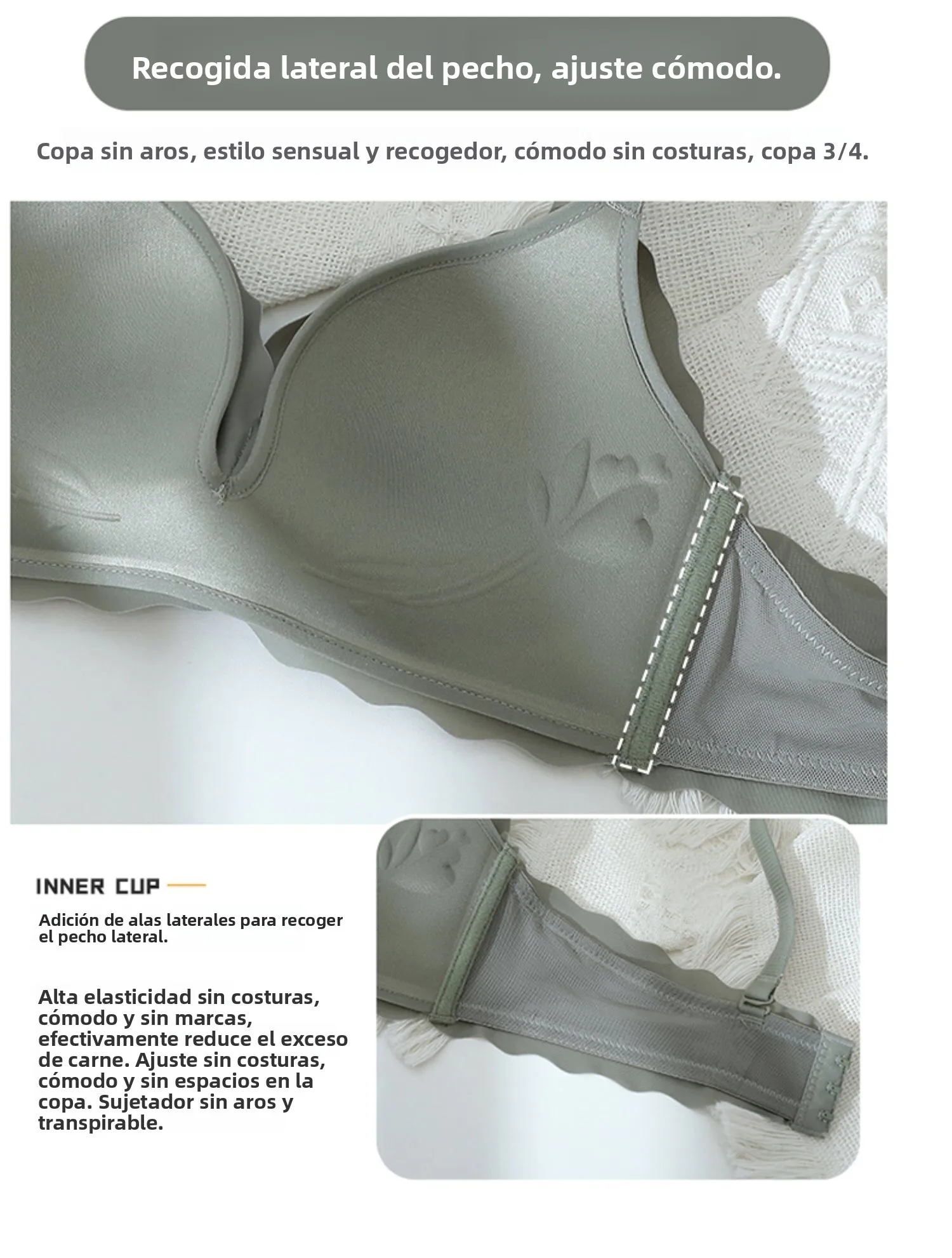 Conjunto de sujetador y bragas sin costuras para mujer, color blanco, fino, con efecto push-up, sin aros, ropa interior cómod...