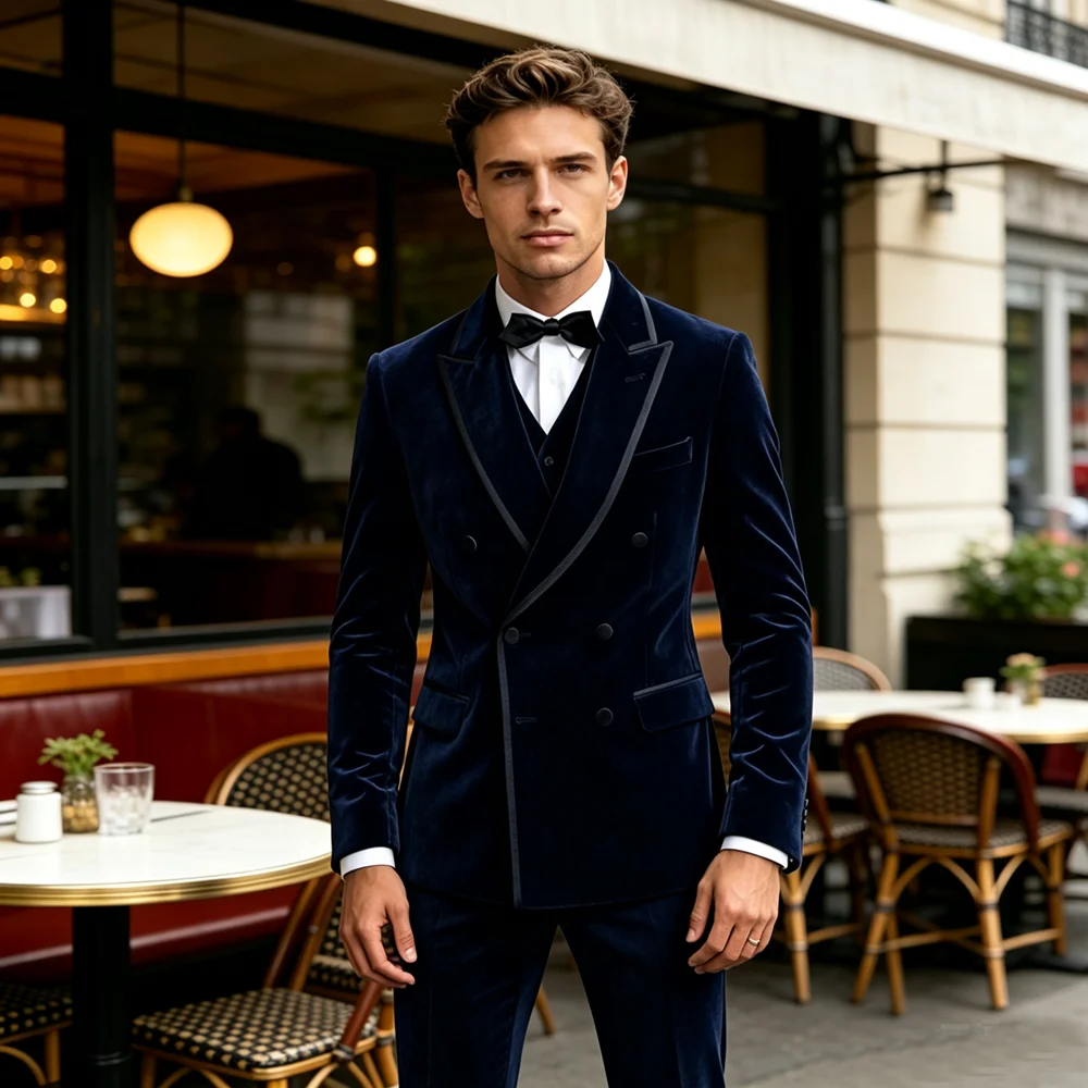 Hot Sale Velvet Men Suit 2pcs Dinner Jacket Waistcoat Trousers Formal Peak Lapel Wedding  Dinner Suit Wedding suit