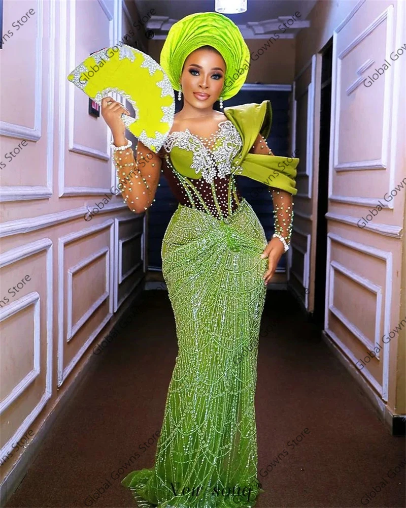 فساتين سهرة رسمية طويلة حورية البحر باللون الأخضر الأفريقي ترتر سباركلي Aso Ebi النيجيري لحفلات الزفاف والحفلات الراقصة حسب الطلب