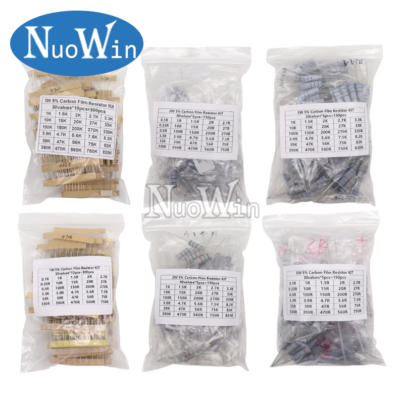 150PCS/300PCS 1W 2W 3W 5W 30Values Carbon Film Resistor Assortment Kit 5% Resistance Set 0.1R-750R 1K-820K ohms DIY Pack