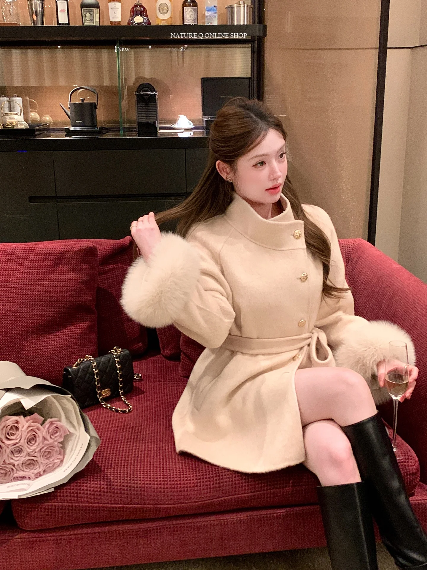 

Женское модное пальто Yang Xiaolei из натурального меха с отворотами, двустороннее, из смесовой верблюжьей шерсти, цвета кэмел