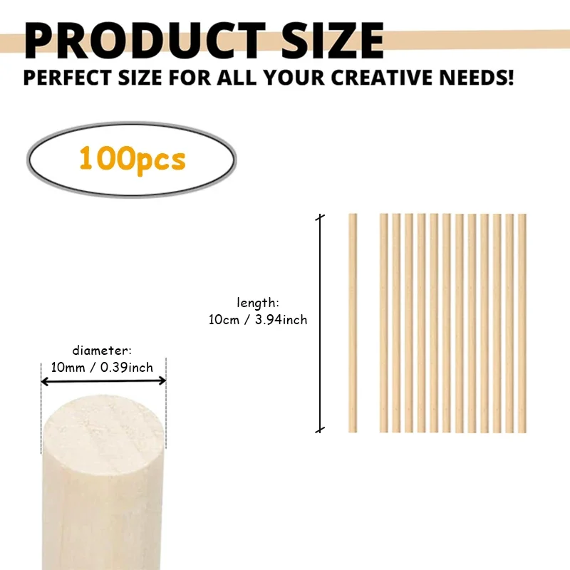 100pcs 10cm Dowel Rods Wood Sticks, Wooden Round Natural Precut Hardwood Stick for DIY Craft Painting Tiered Cake Support