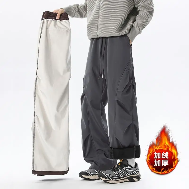 

Мужские повседневные брюки-карго в американском стиле, флисовые складки, прямые лоскутные брюки, бархатные брюки, утепленные уличные брюки в стиле хип-хоп