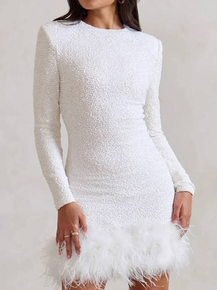 

2026 Dress Women Female Clothing Fashion Women's Sexy Dress Long Sleeve Solid Color Sequin Feather Dress Round Neck Female