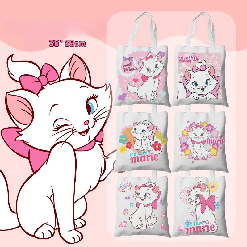 MINISO Kawaii Disney Marie Cat Girl One Shoulder Handheld Canvas Bag Anime The Aristocats Student Large Capacity Storage Handbag