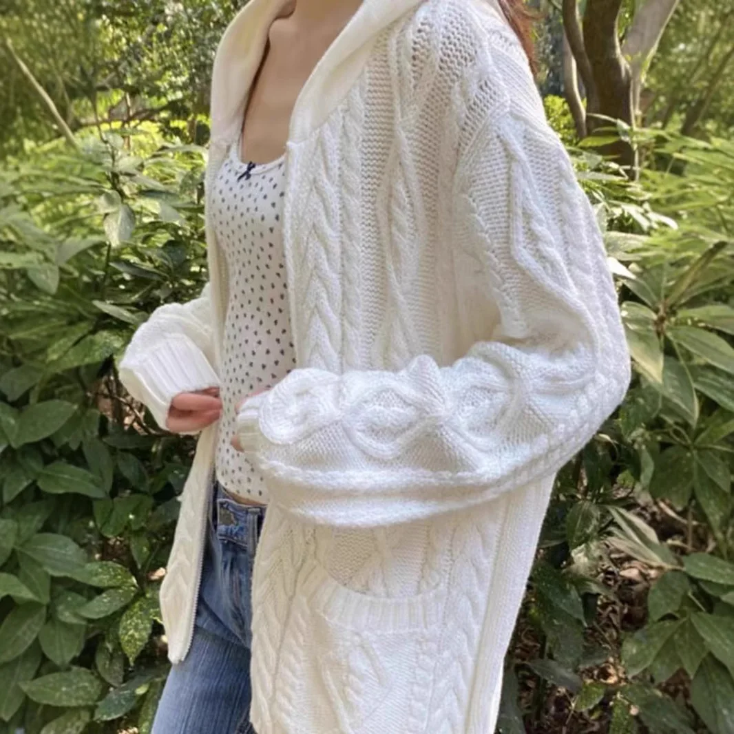 

Beige White Twist Hooded Sweater Women Autumn Winter Loose Cute Long Sleeve Knitted Cardigan Sweet Vintage Preppy Style Jumper