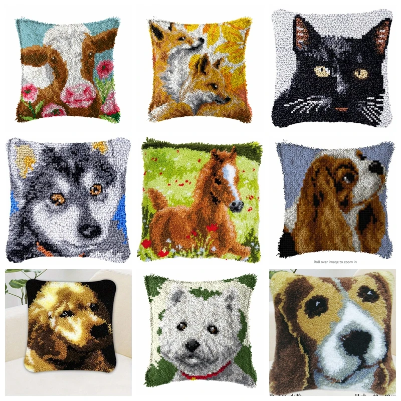 Cute Dogs And Cats Latch Hook Kit Knot Pillow Package 3D Embroidery Latch Hook Kits Cushion Pillowcase Set For Needlework