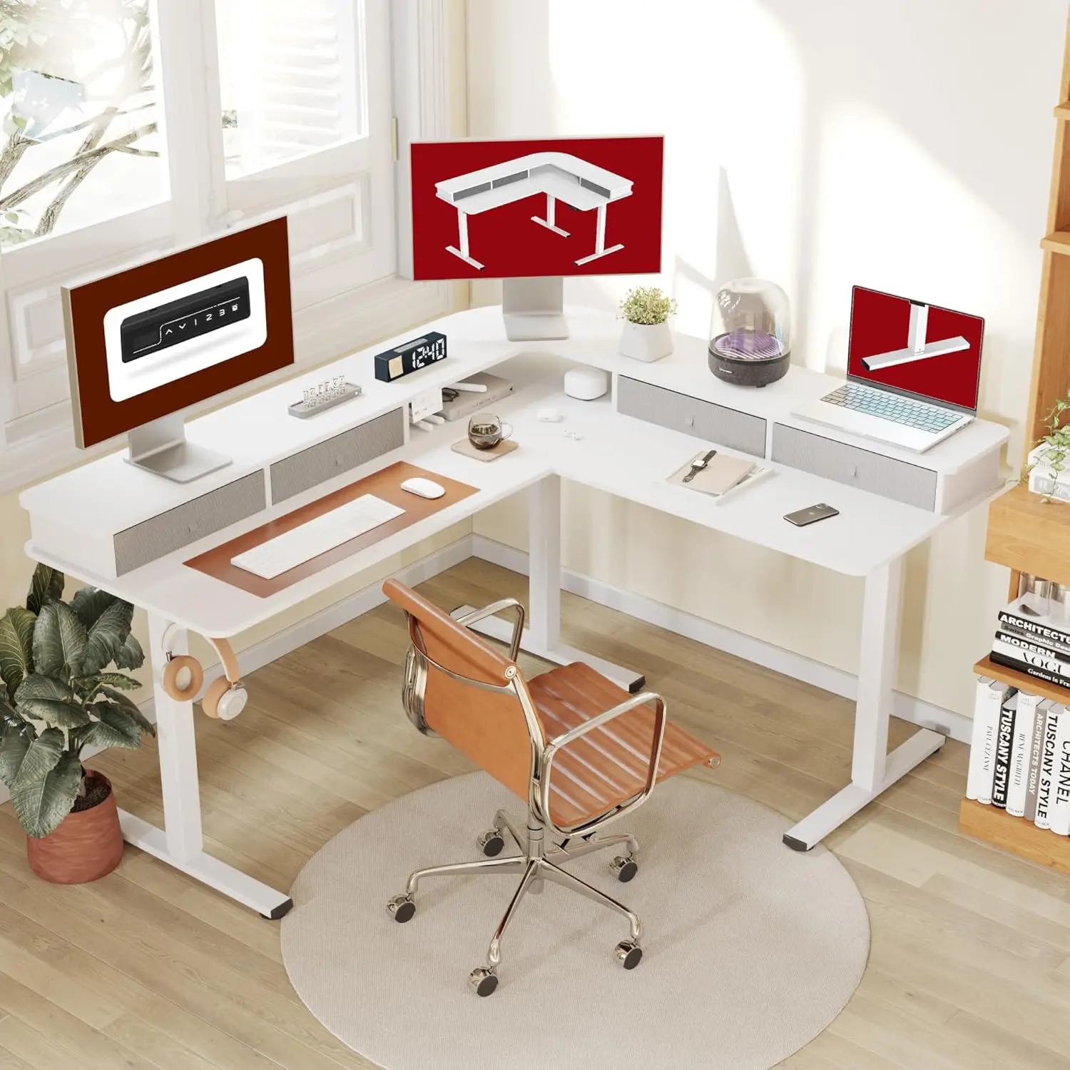 Стоячий стол L-образной формы 63 дюйма с 3 ящиками, регулируемый по высоте стол, угловой игровой стол с подставкой для монитора, новая популярность