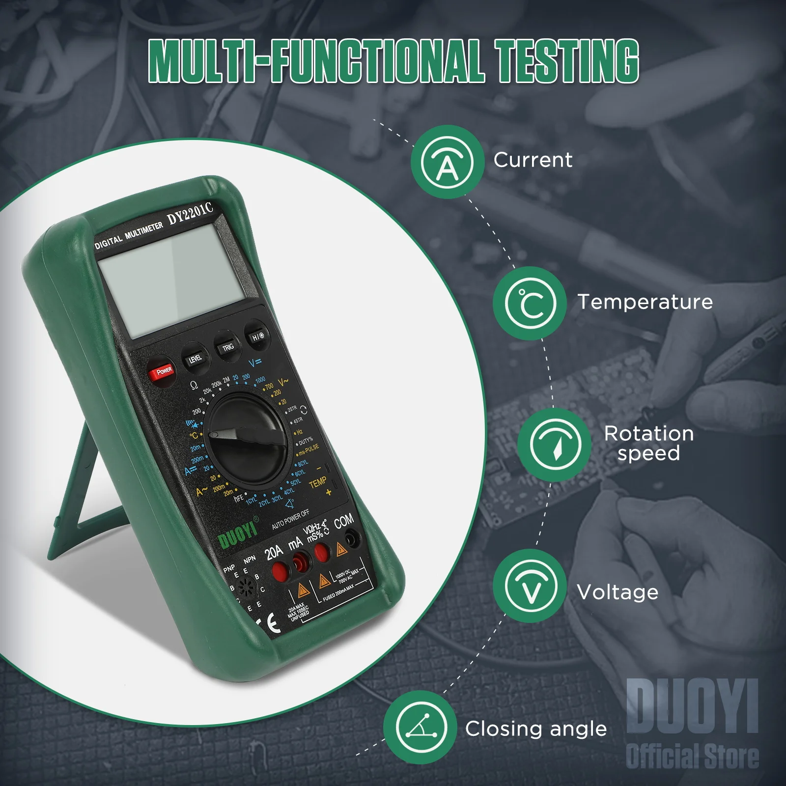 DUOYI DY2201C Automotive Digital Multimeter Ture RMS Auto Range NCV 2-20KHZ 1000V AC/DC High Precise Car Multimetro Tester