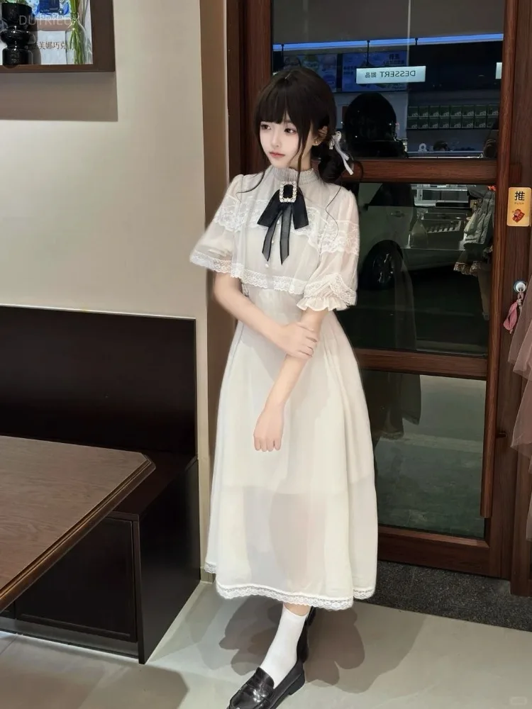 Fashion Sweet Bow Stand Collar Vestidos Mujer Y2k Lace Short Sleeve Dress For Women Summer New High Waist White Dresses