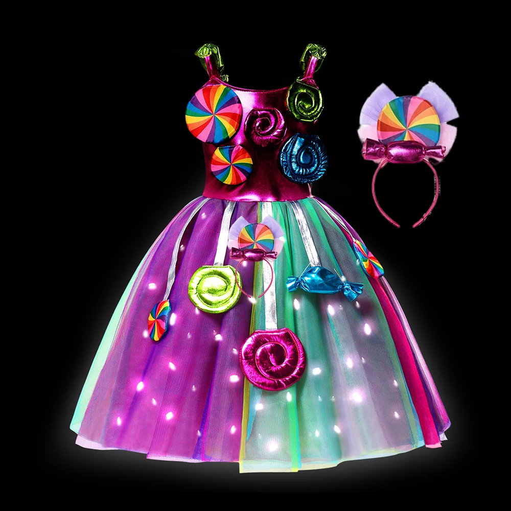 2024 Girls Costume Purim LED Light Up Carnival Sweet Candy Dress Lollipop Luminous Princess Festival Party Clothing