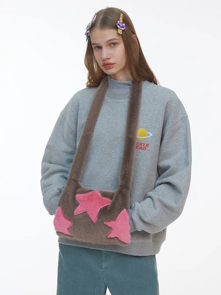 TIPSEVEN Original Design Cute Color Block Star Embroidery Plush Gloves Bag Winter Warm Handbag Crossbody Bag for Women