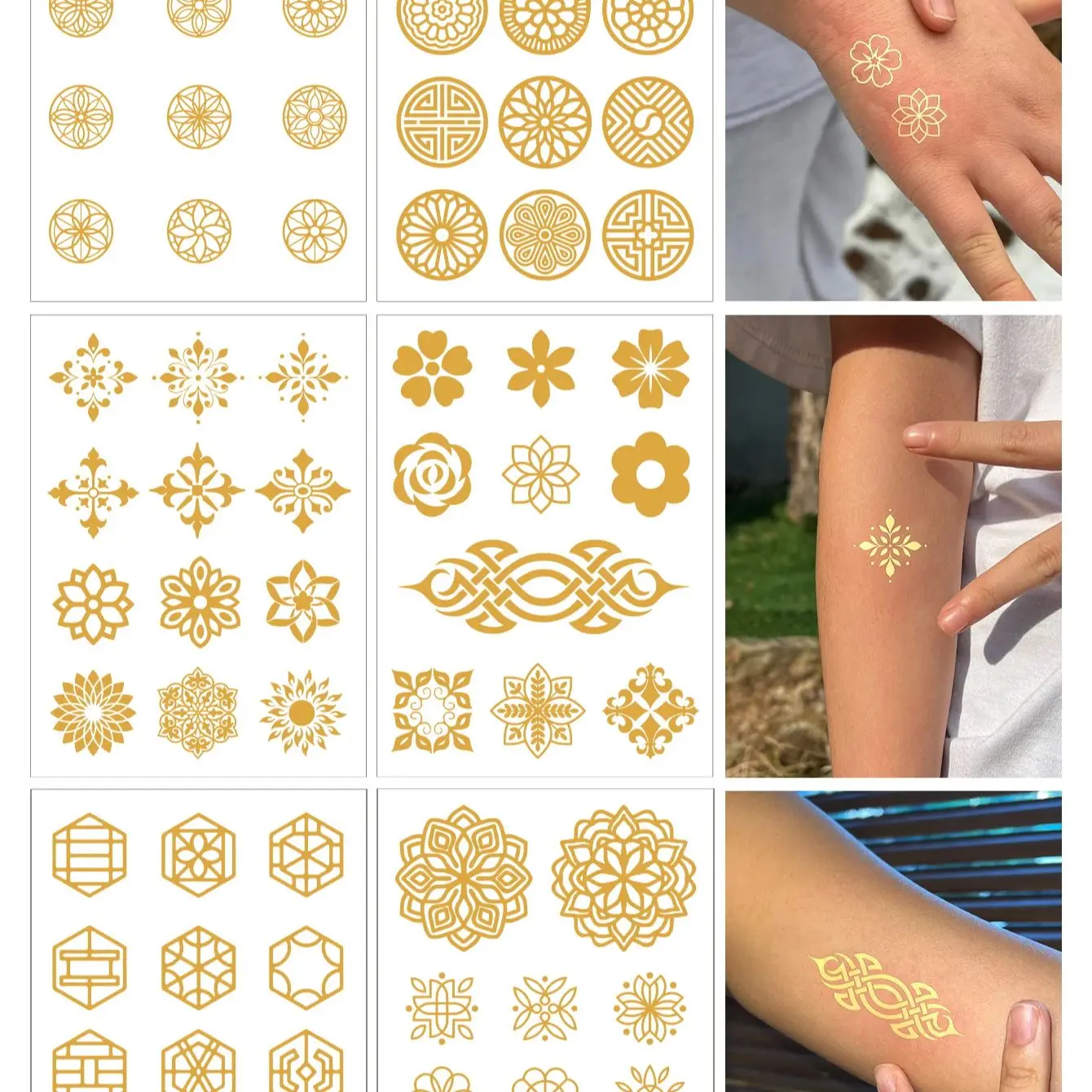 6 fogli Boho Metallic Gold tatuaggio temporaneo Party Body Arm Art Fake Flash Tattoo Stickers scava fuori il Design piccolo modello Tatto