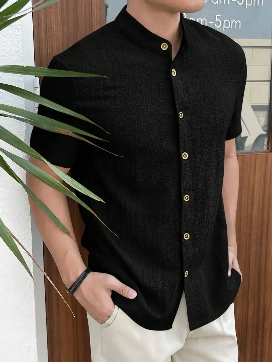 

Men's Black Short Sleeve Woven Shirt with Stand Collar and Gold Buttons