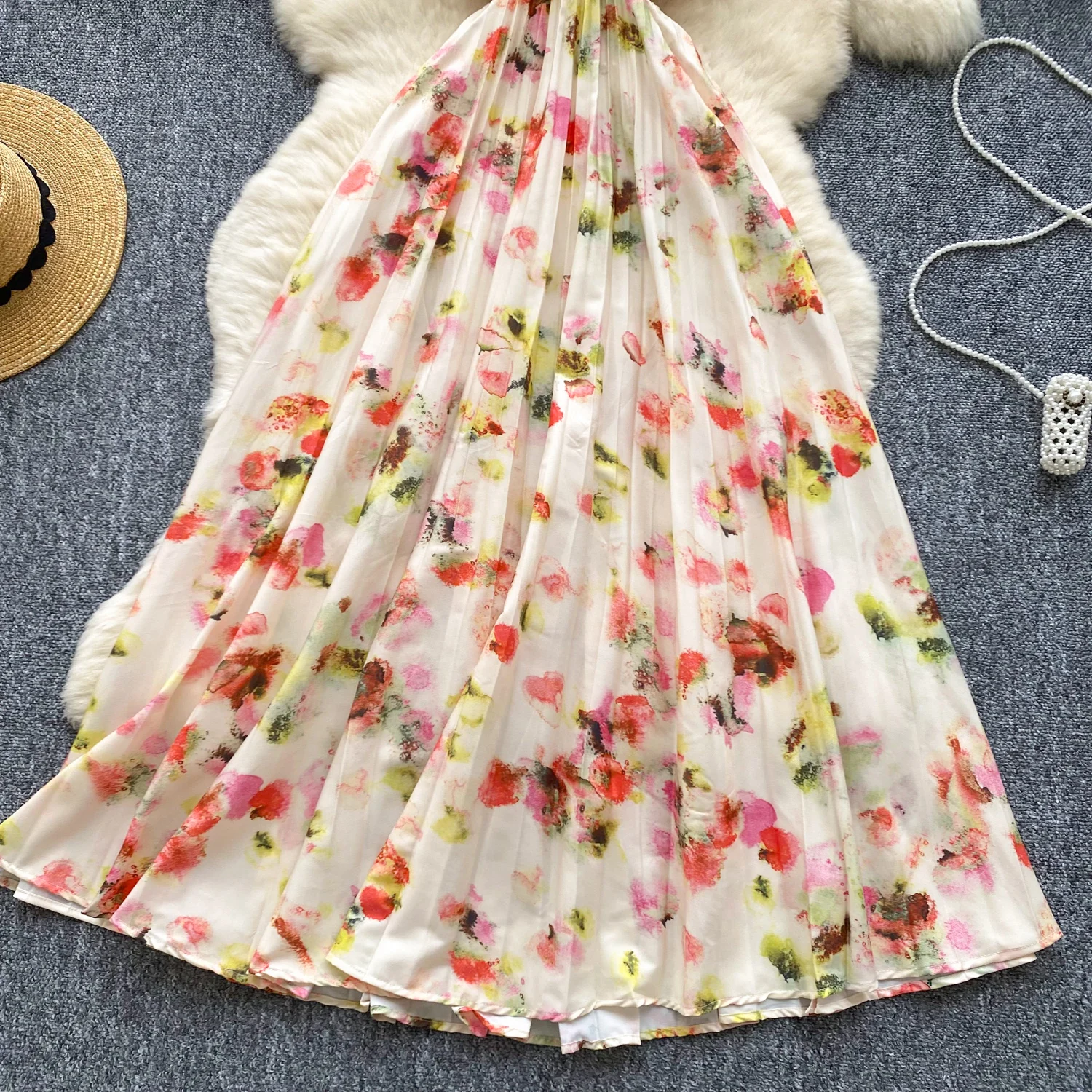 Vestido longo feminino plissado com estampa floral, verão, sem alças, halter, costas nuas, vazado, praia, férias, festa, maxi vestidos