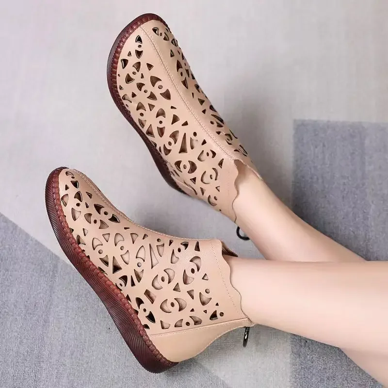 Women Boots 2024 New Spring Summer Genuine Sandals Women Breathable Hole Boots Flat Soft Non-slip Comfortable Shoes for Women