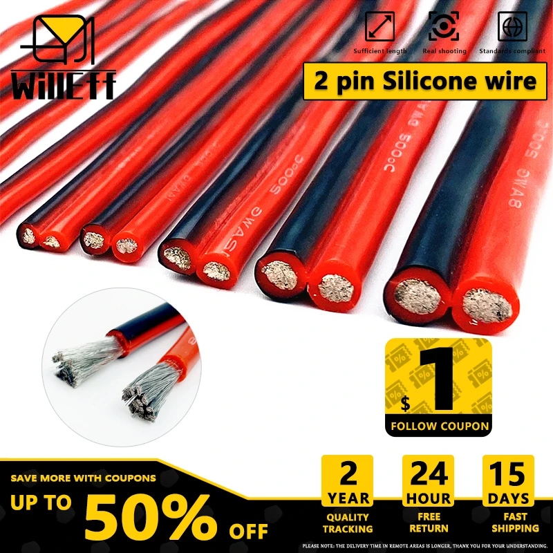 

2-линейный кабель из силиконовой резины, плоская изоляция, супермягкий луженый многожильный медный провод, светодиодный, черный, красный, 20, 18, 16, 14, 12, 10 AWG