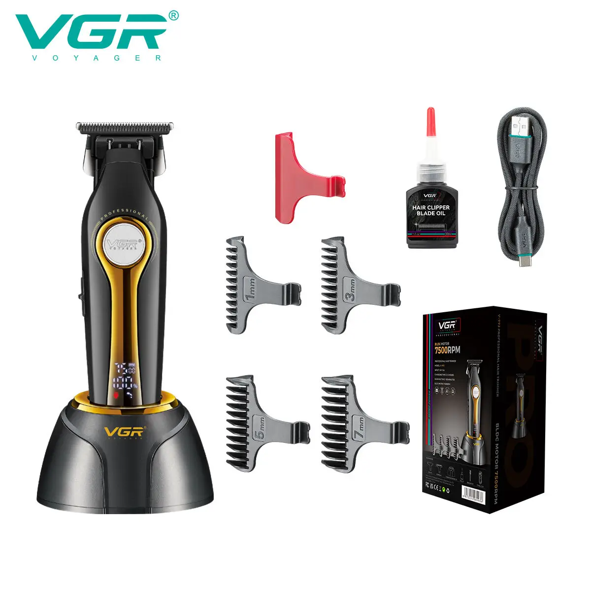 Nova máquina de corte de cabelo multifuncional VGR com forte potência, base, USB de alta velocidade, escultura elétrica e tesoura de empurrar V-993