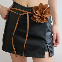 Flower Decoration Leather Belt For Women Luxury Designer Exaggerated PU Leather Lace Up Waistband Belt Rope Y2k Belt Female New