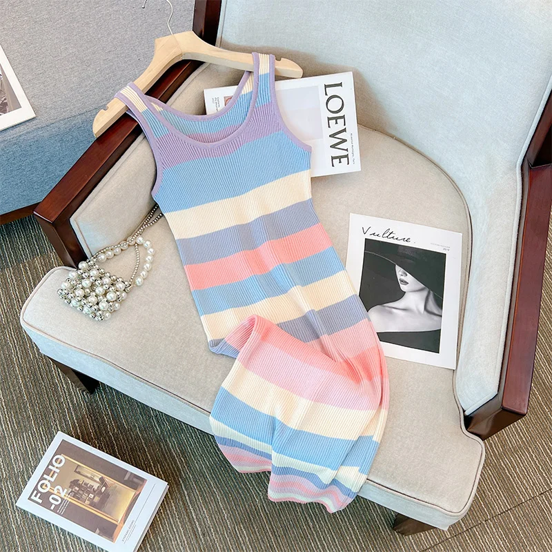 

2024 New Summer Women Sleeveless Knitted Strap Dress Hit Color Splicing Rainbow Striped Elatic Waist Bodycon Tank Long Dress
