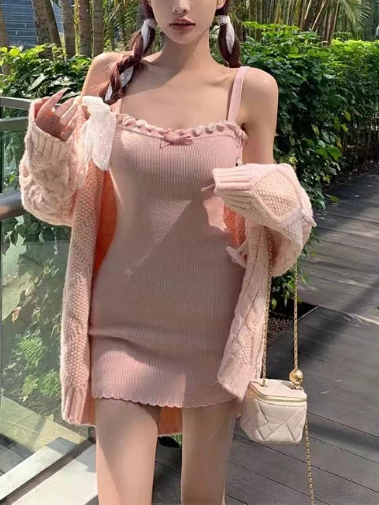 Japanese 2 Piece Dress Set Women Casual Long Sleeve Sweater Cardigan + Sexy Bodycon Strap Dress Elegant Knitted Suit 2023 Autumn