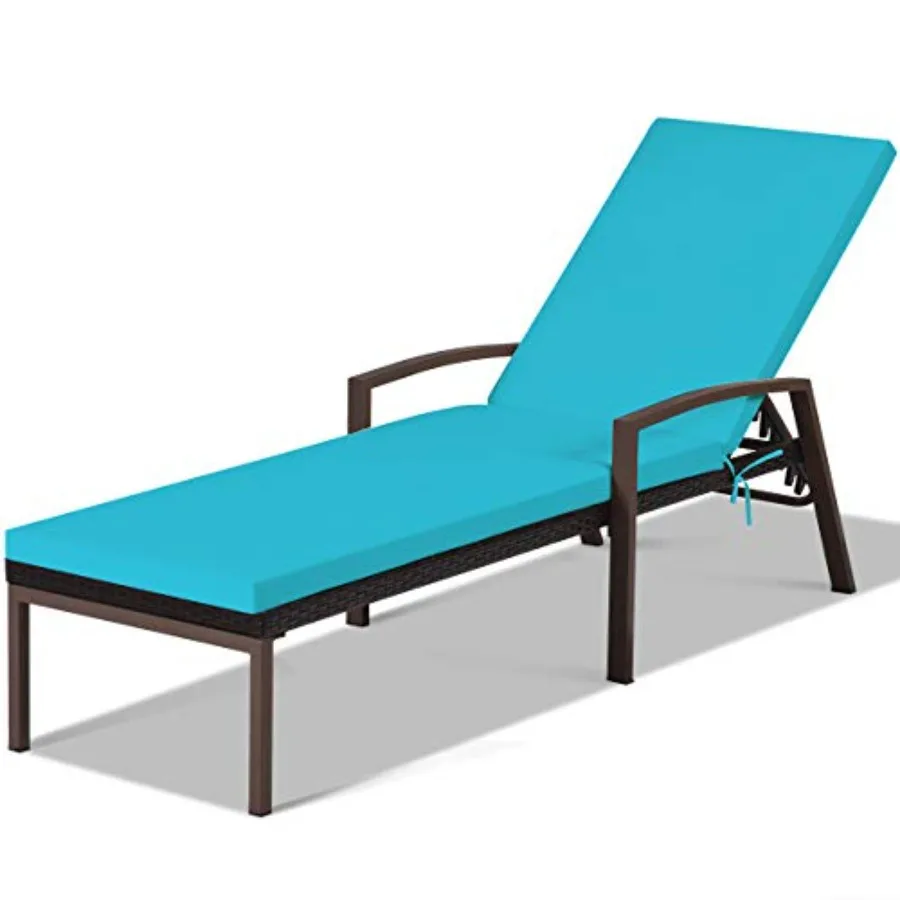 Patio Chaise Lounge, Outdoor Wicker Rattan Chaise with Adjustable Backrest and Armrest for Beach Pool Yard, Rattan Sun Lounger