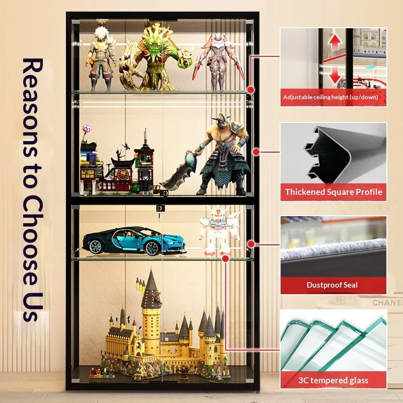 Transparent Glass Door Showcase Cabinet With LED Light Waterproof Dustproof Custom Home Lego Block Action Figure Organizer