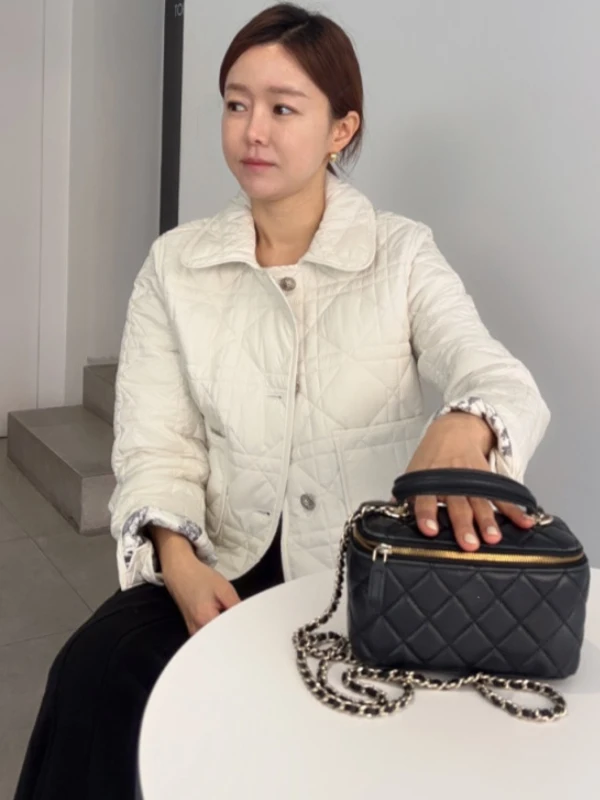 Retro Korean Floral Pattern Quilted Cotton Jacket  Collar Double-Sided Wear Small Diamond Grid Women's Cotton Coat