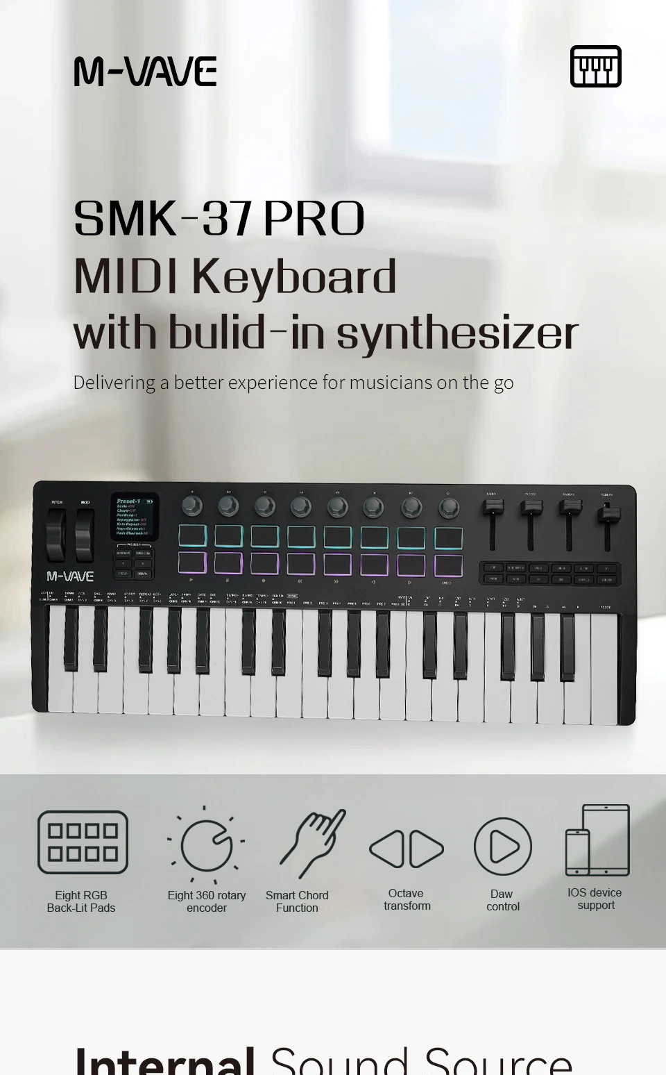 Available in Five Colors: Black and White, Pink, Black, White, and Red. M-VAVE SMK37PRO Professional MIDI Keyboard—37-Key Wireless Bluetooth Music Composition and Production Synthesizer