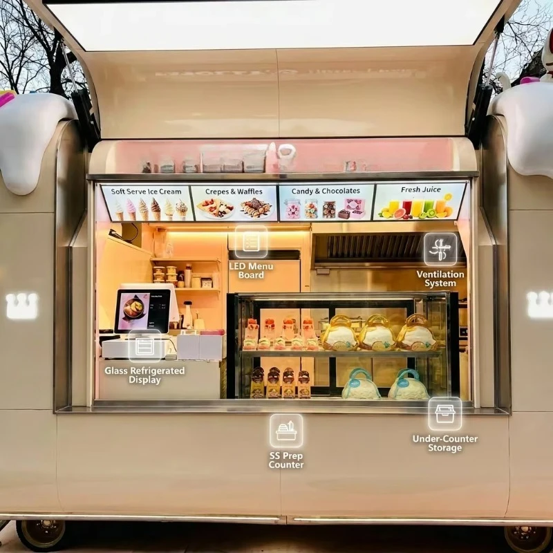 CE Certified Mobile Food Trailer Food Truck for Sale, Dessert House Ice Cream Candy Hot Dog Cart, Fiberglass Galvanized Steel