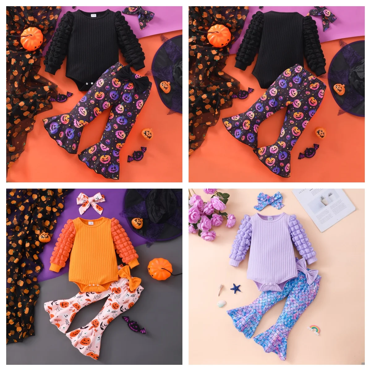

Baby and toddler clear color round neck bubble long sleeved shirt+bow tie flared pants set (including headband)