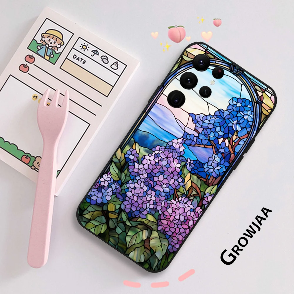 Stained Glass Purple Flowers Phone Case for Samsung Galaxy S24 Ultra S22 S23 Ultra S21 S20 5G Protective Silicone TPU Funda image 4