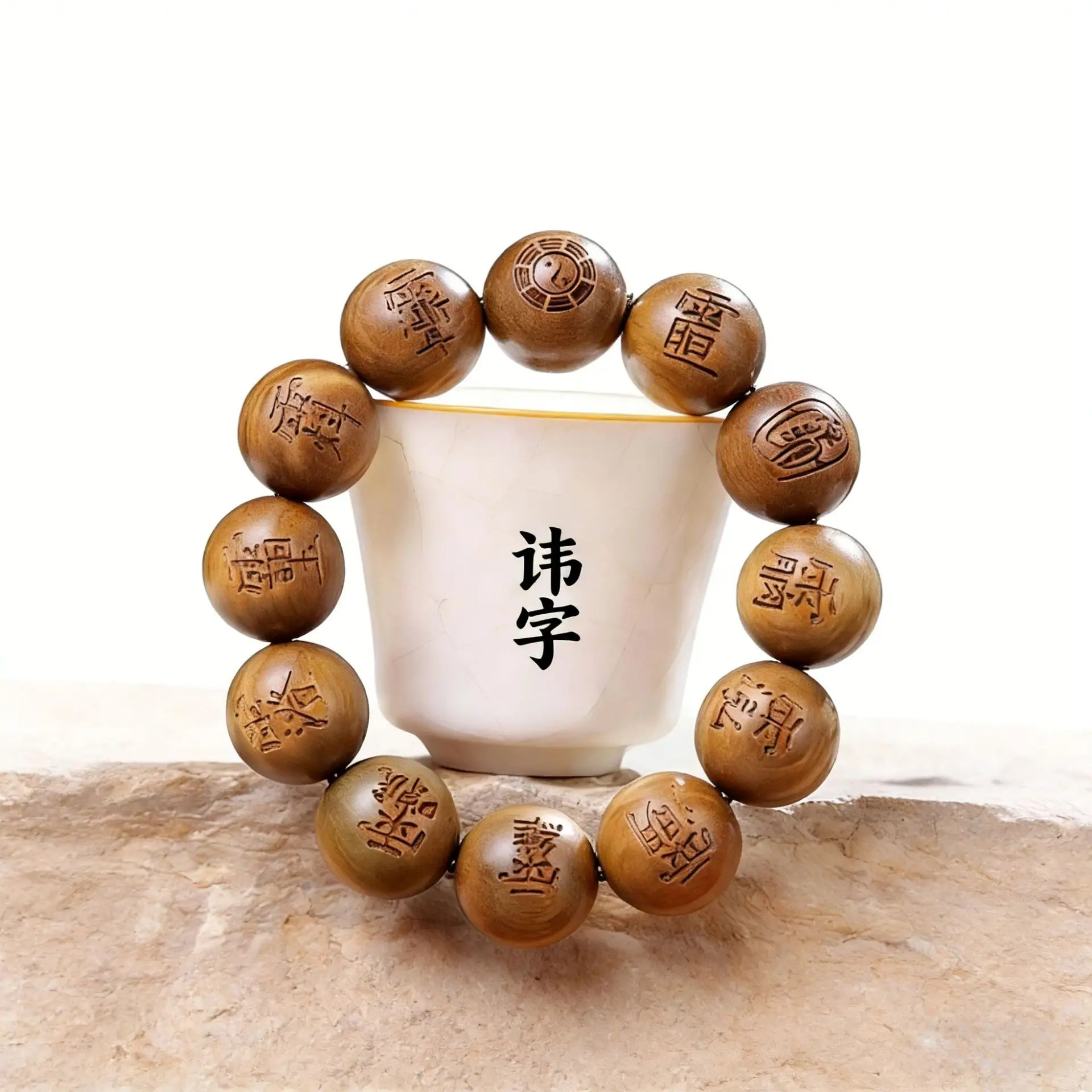 Lucky Luxury Green Sandalwood Carved Hand String Nine Words Mantra Twelve Secret Symbols Natural Log Beads Men Women Bracelet - view 5