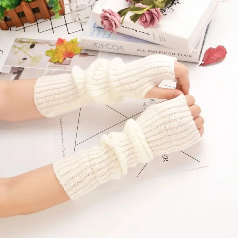 30cm Fingerless Gloves Women Winter Warm Arm Sleeve Knitted Arm Warmer Fine Mitten Casual Soft Goth Clothes Punk Gothic Gloves