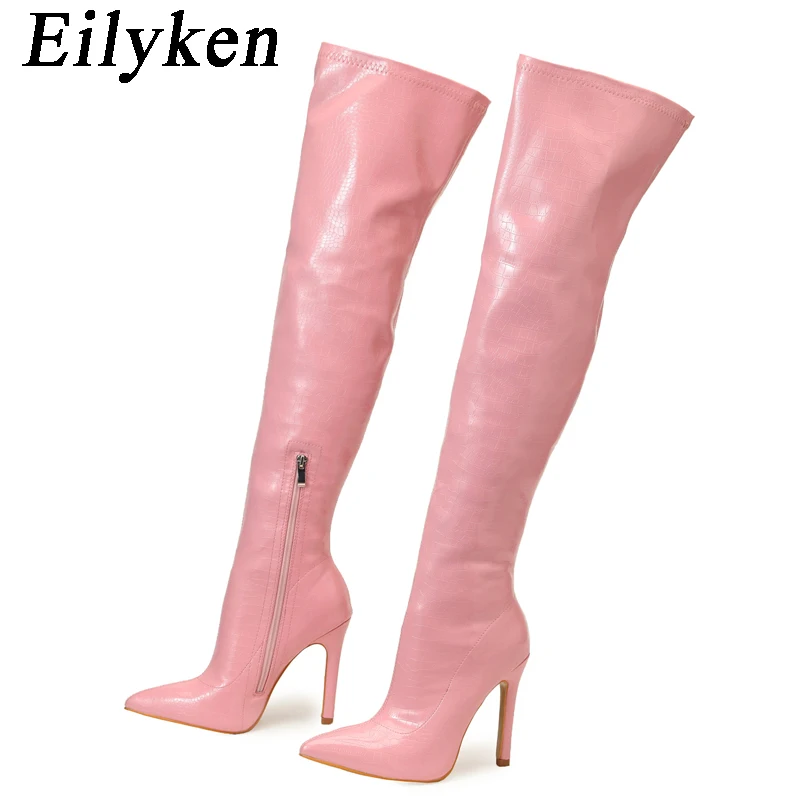 Eilyken Sexy Snake Print Leather Pointed Toe Women Over The Knee Boots Fashion Zipper Winter Thigh High Boots Stripper Shoes