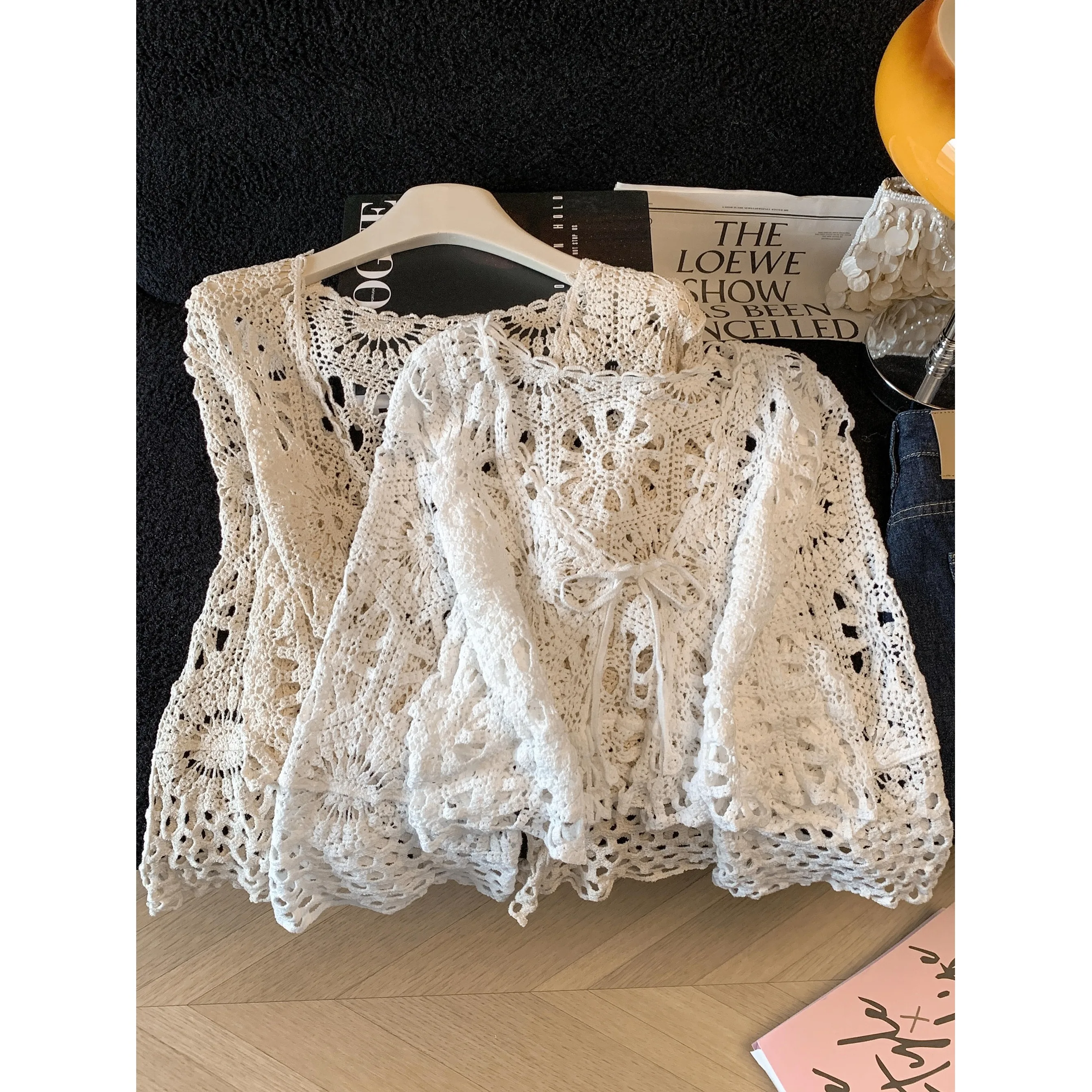 

Women's ort Knitted Open Cardigan n Holiday Sle Long Sve oulder Pad awl Top Hollow out Lace Hooks